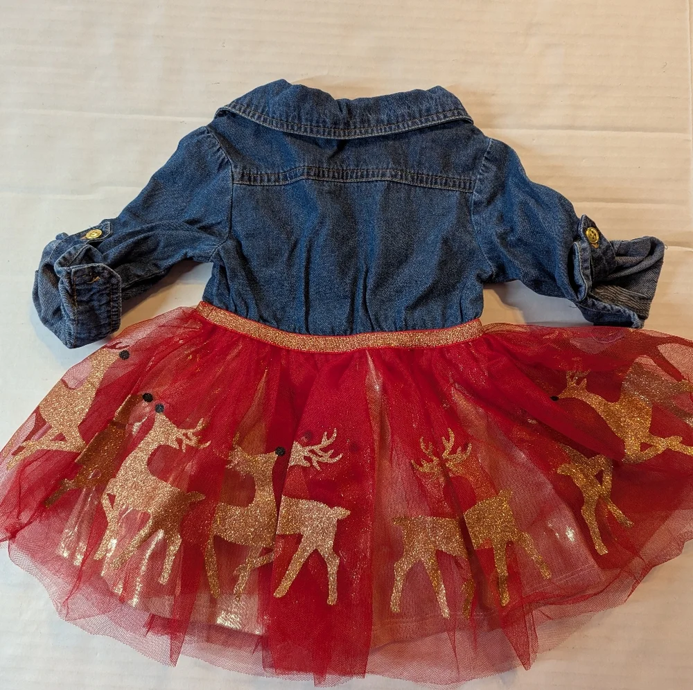 Infants Denim and Red Tulle Dress with Gold Reindeer Size 12 Months